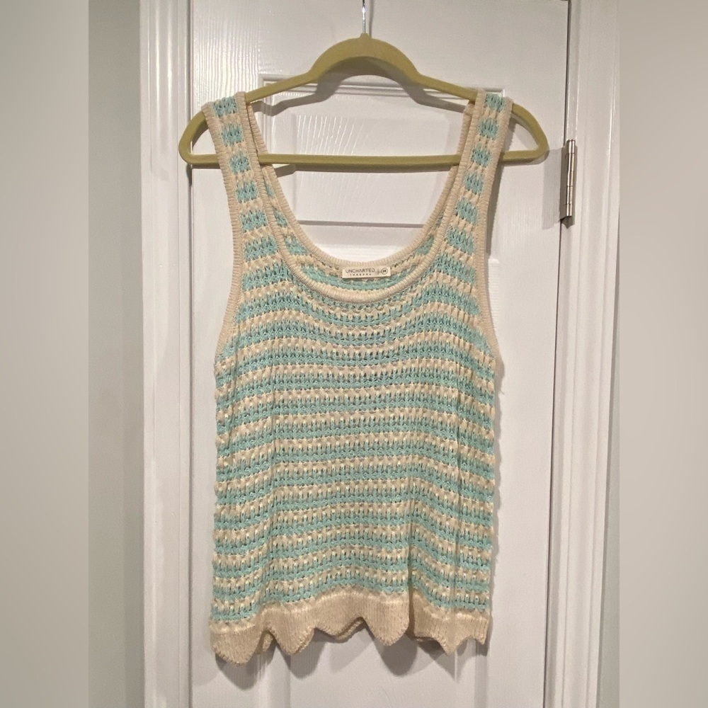 NWT Uncharted Size M Aqua Cream Knit Crochet Soft Stretchy Scalloped Tank Top